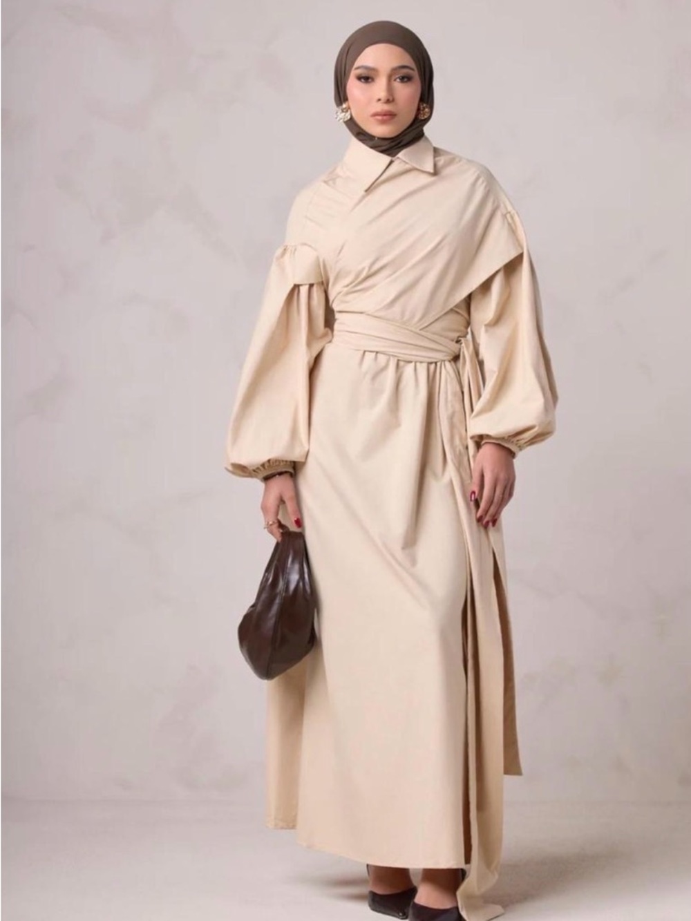 Modest Cream Wrap Maxi Dress with Dramatic Bishop Sleeves
